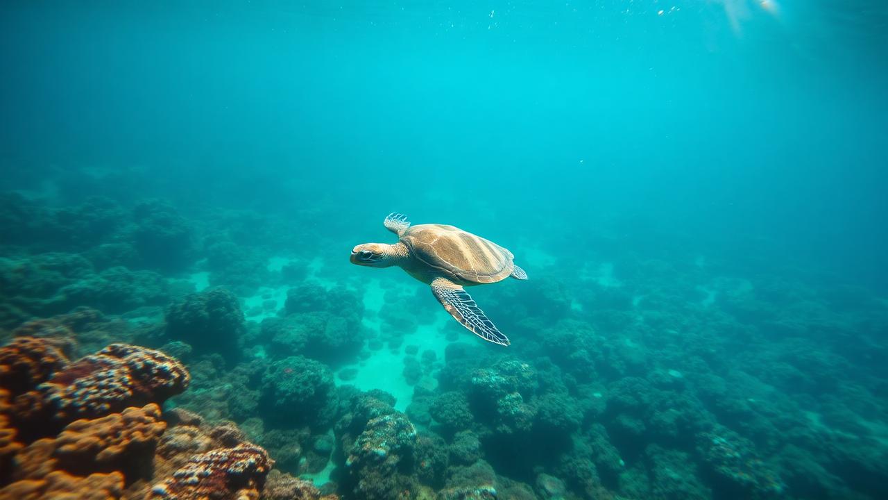 A green sea turtle gliding over a sunlit coral reef.