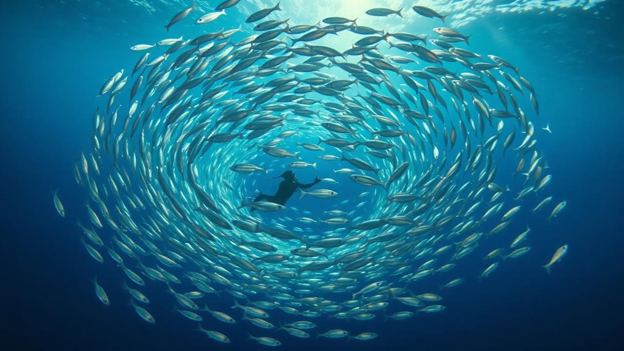 A diver at the centre of a spinning wall of silver fish.