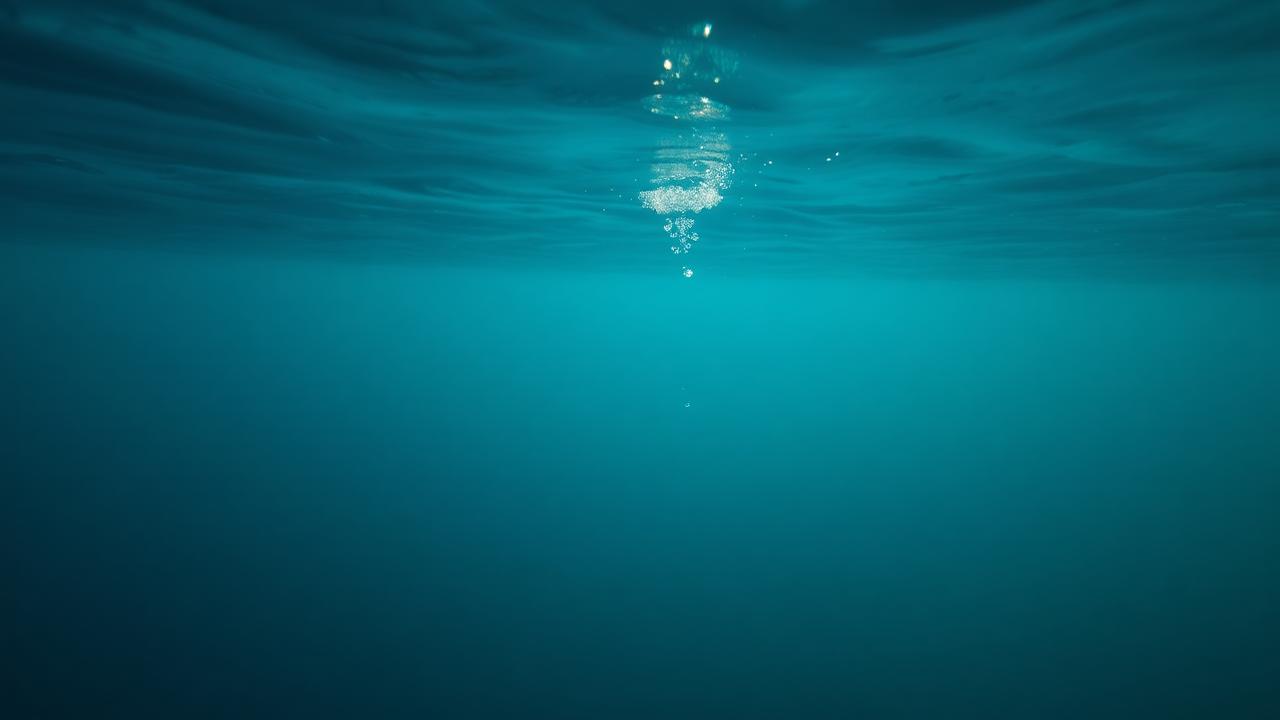 The water surface seen from below, a silver mirror with rising bubbles.