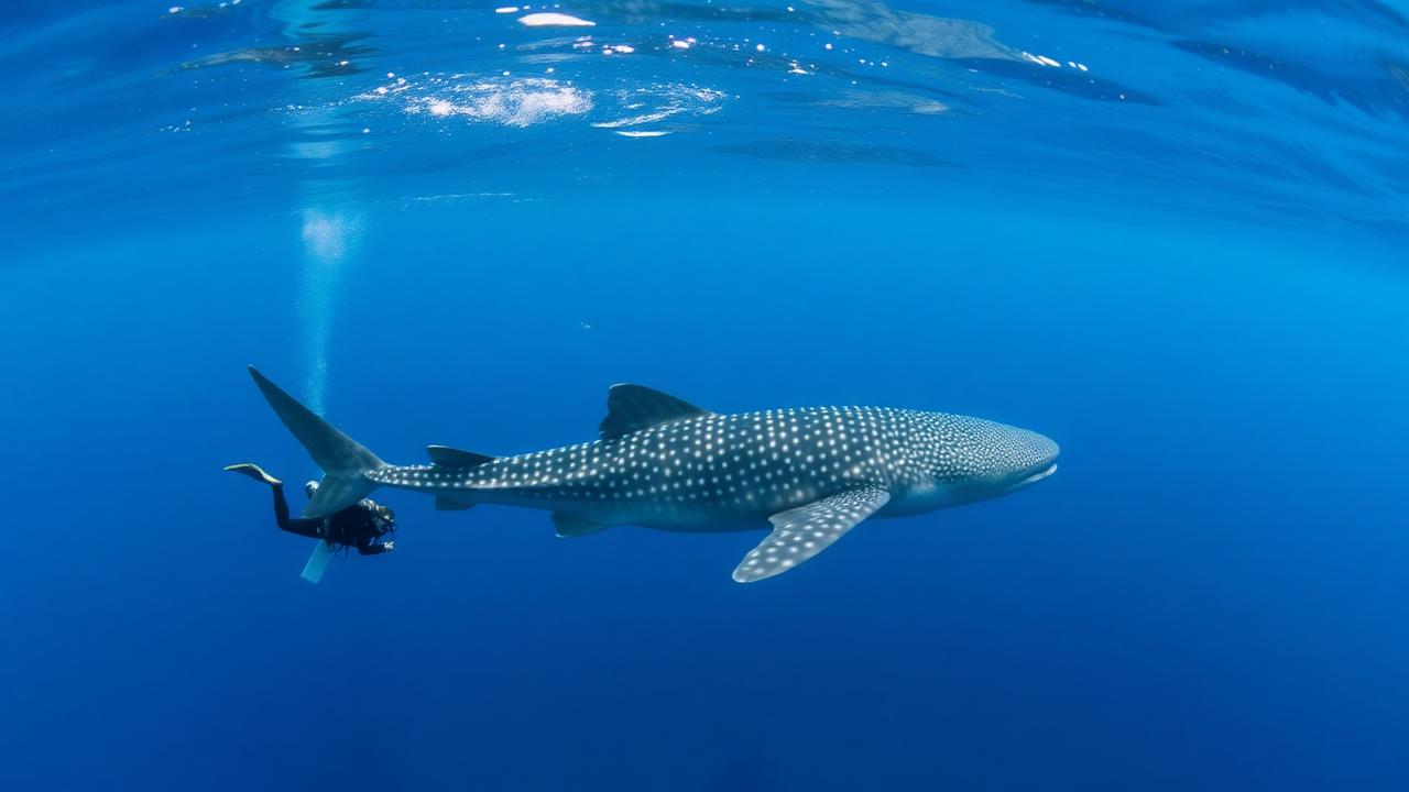 A whale shark passing with a diver keeping respectful distance.