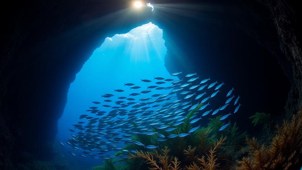 A cavern opening with light and fish streaming in.