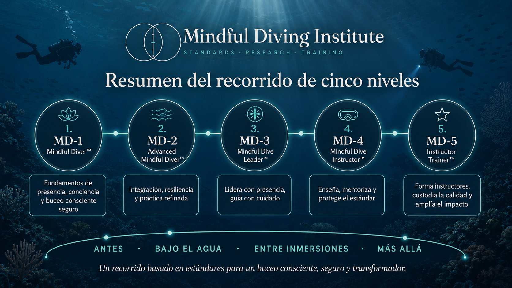 Ruta de cinco niveles del Mindful Diving Institute, de MD-1 Mindful Diver™ a MD-5 Instructor Trainer™.