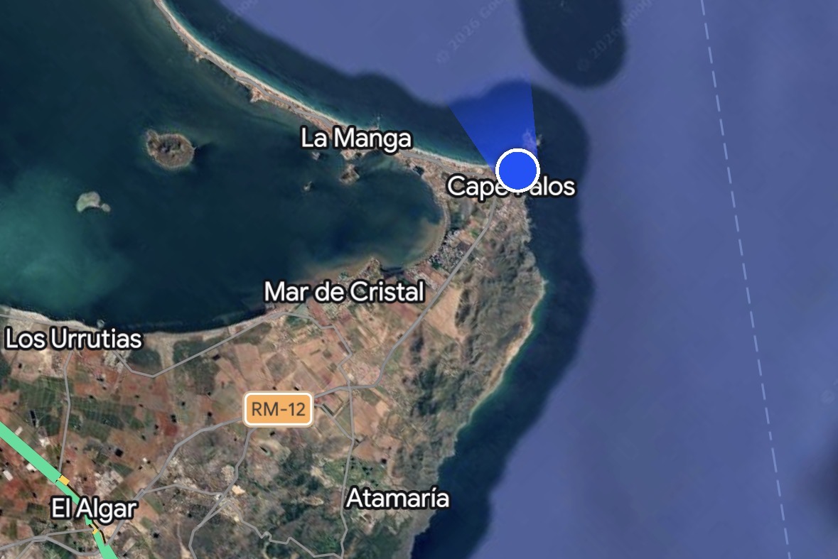 Mapa de Cabo de Palos, La Manga y el Mar Menor, con el centro de buceo señalado.