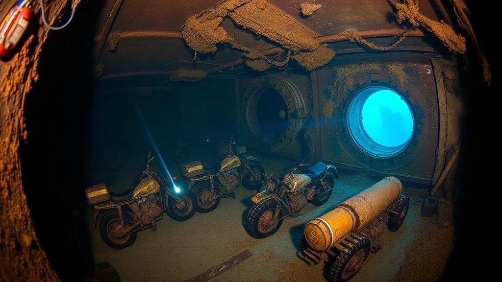 The interior of a submersible looking out through a round port.