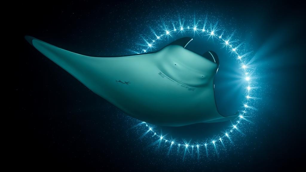 A manta ray turning through a ring of light in the dark.