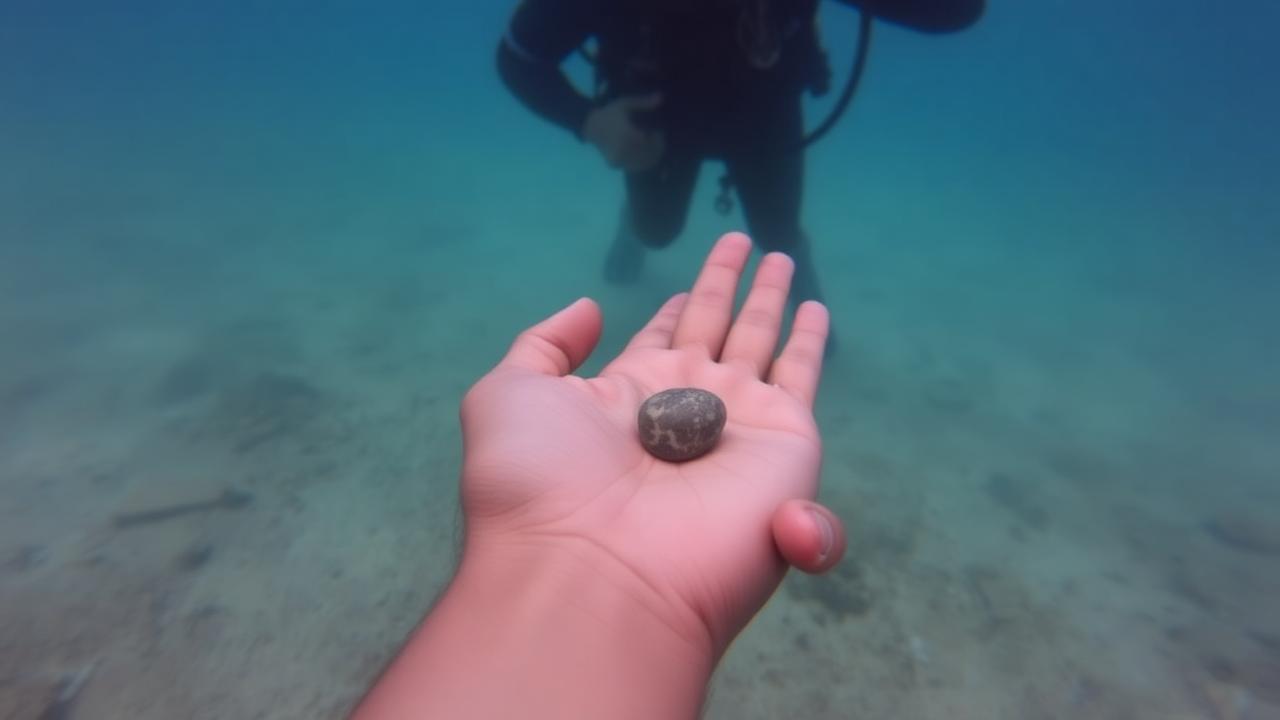 A small stone resting on an open palm on the seabed.