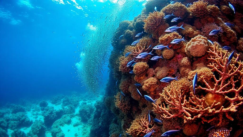 Blue and orange reef fish swarming a coral head near the surface.