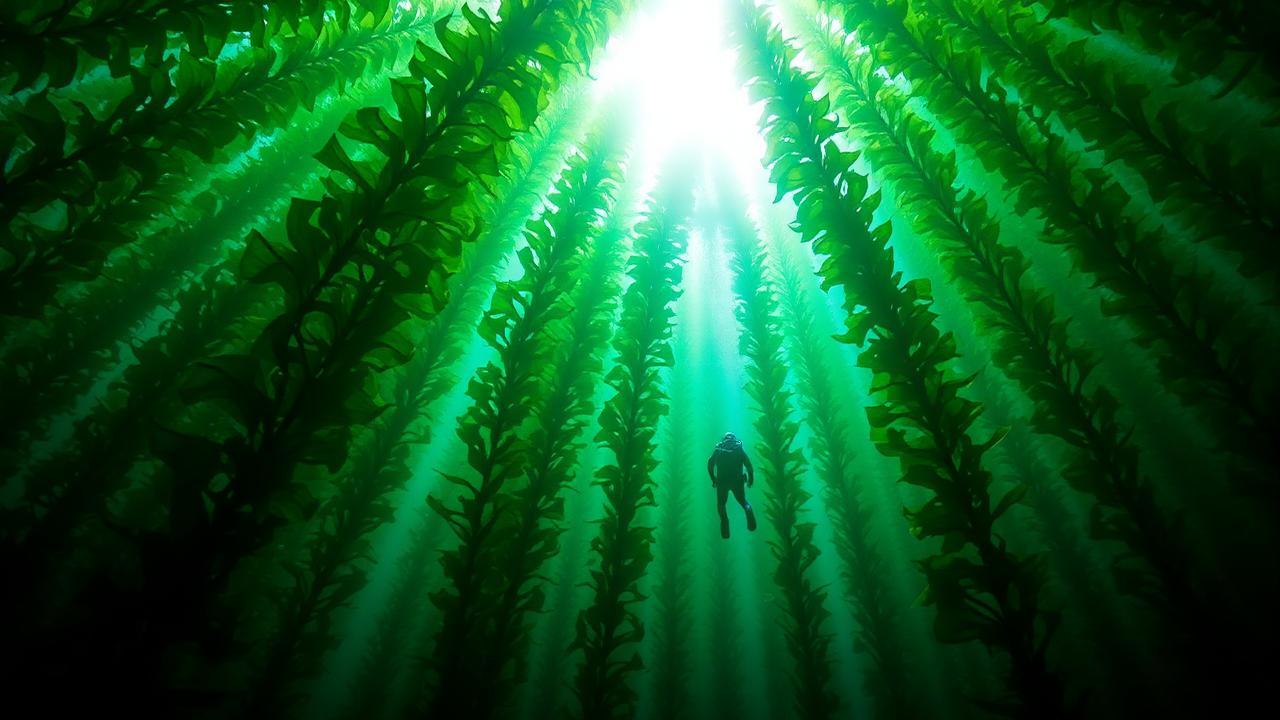 Green light falling through a kelp forest as a diver ascends.