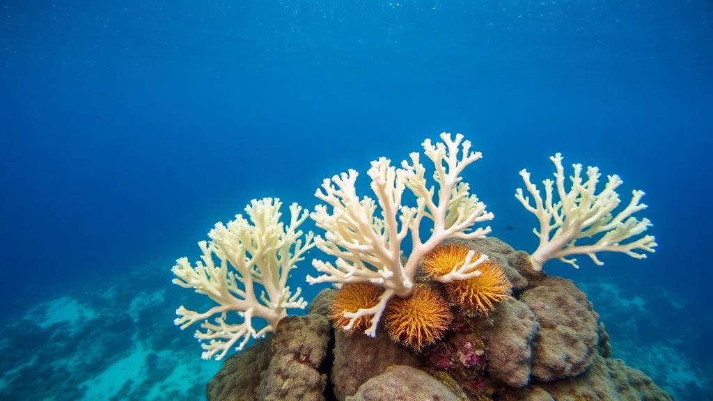 White branching coral standing still in deep blue.
