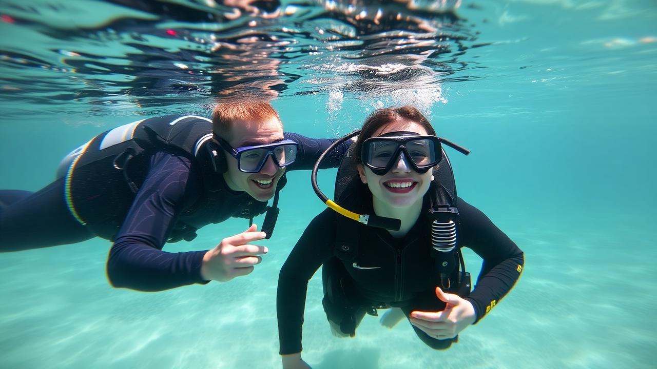 An instructor and a smiling student diver in clear shallow water.