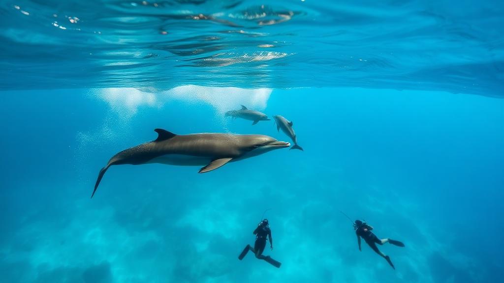 Dolphins and swimmers sharing bright shallow water.