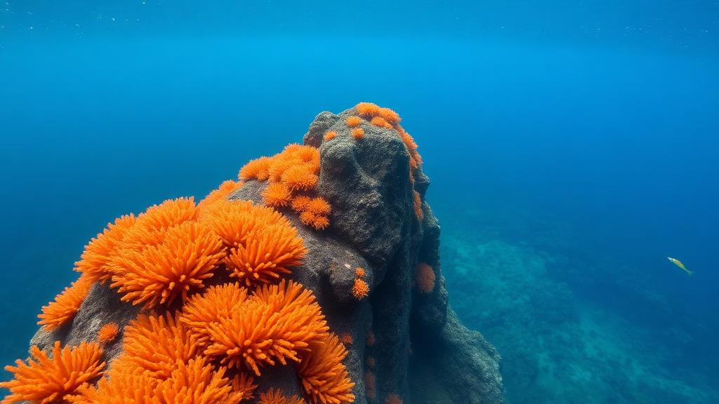 An orange-crusted pinnacle rising into open blue.