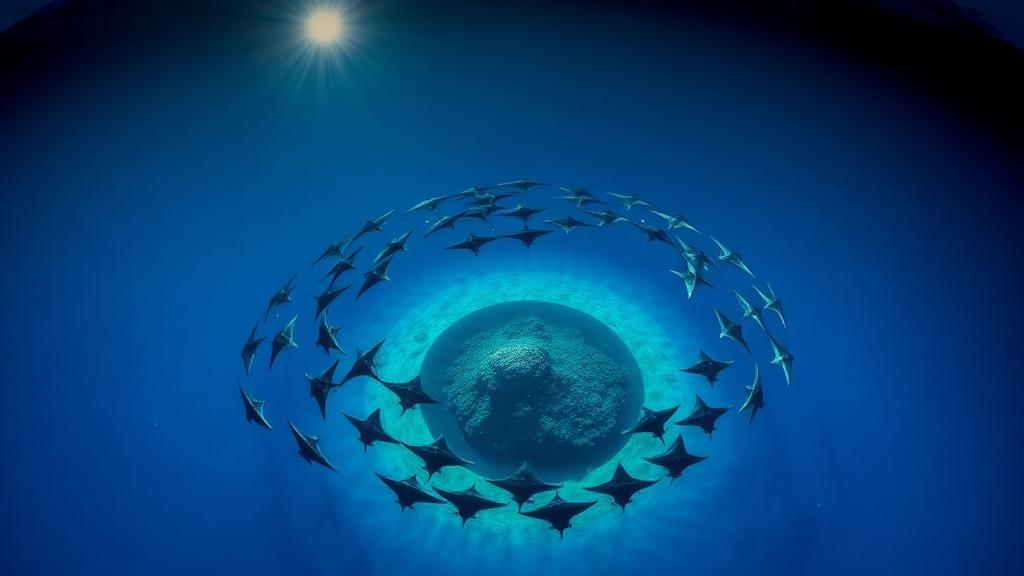 Fish circling a pinnacle in a slow blue vortex.
