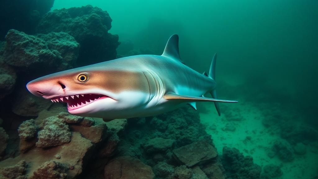 A shark resting close to the reef in green light.