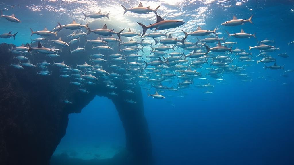 A wall of jacks under a stone arch in blue water.
