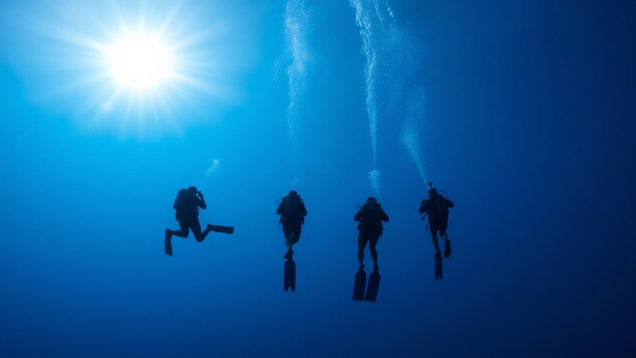 Four divers ascending together in perfect trim.
