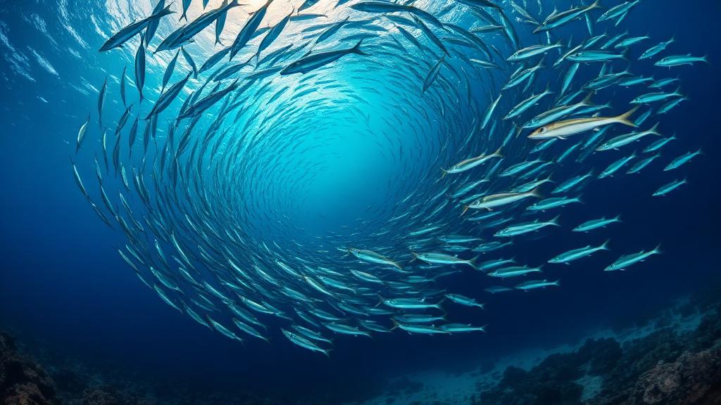 A vast spiral of silver fish turning around an opening of blue.