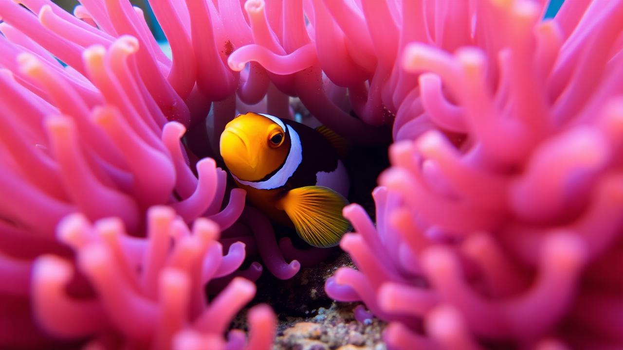 A clownfish in a pink anemone.
