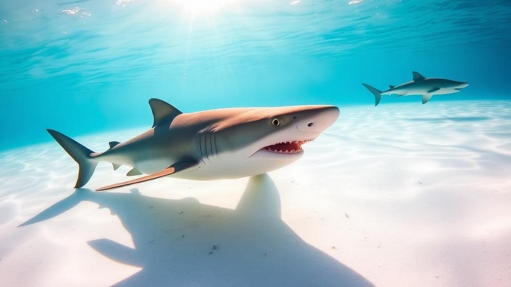 A shark crossing brilliant white sand in shallow water.