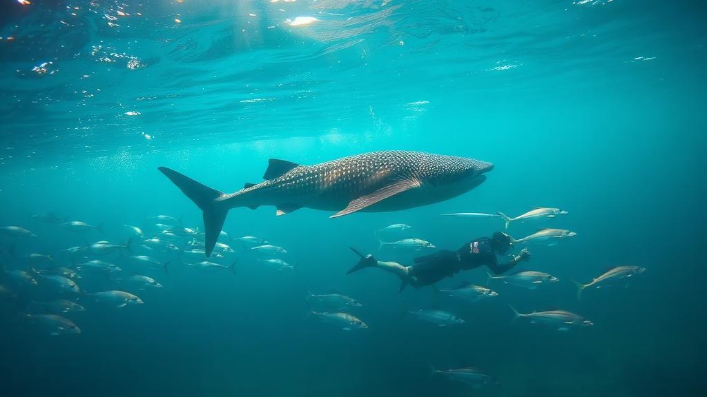 A whale shark passing slowly through green open water.