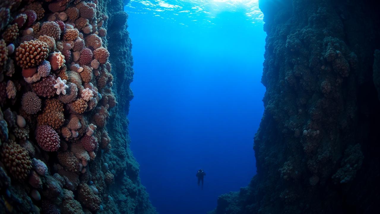 A coral wall dropping away into the deep blue.