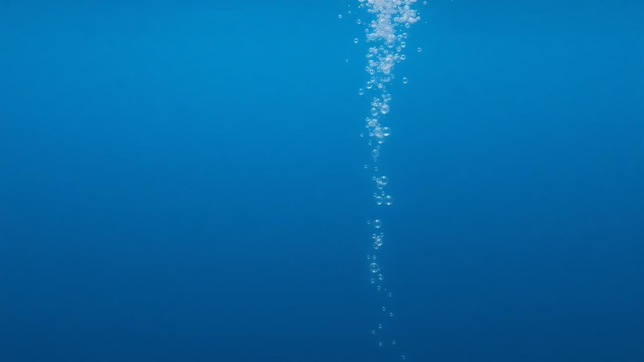 A slow column of bubbles rising through open blue.