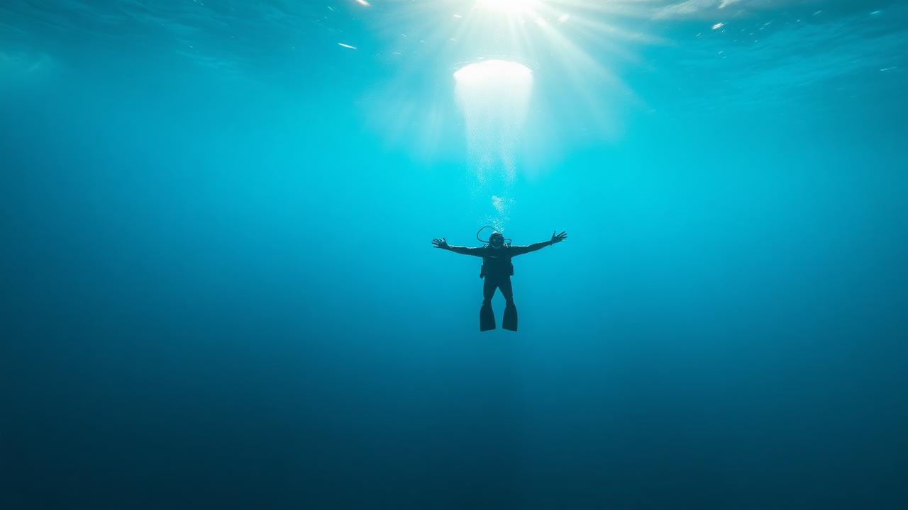 A diver hovering perfectly still in deep blue water with sunbeams above.