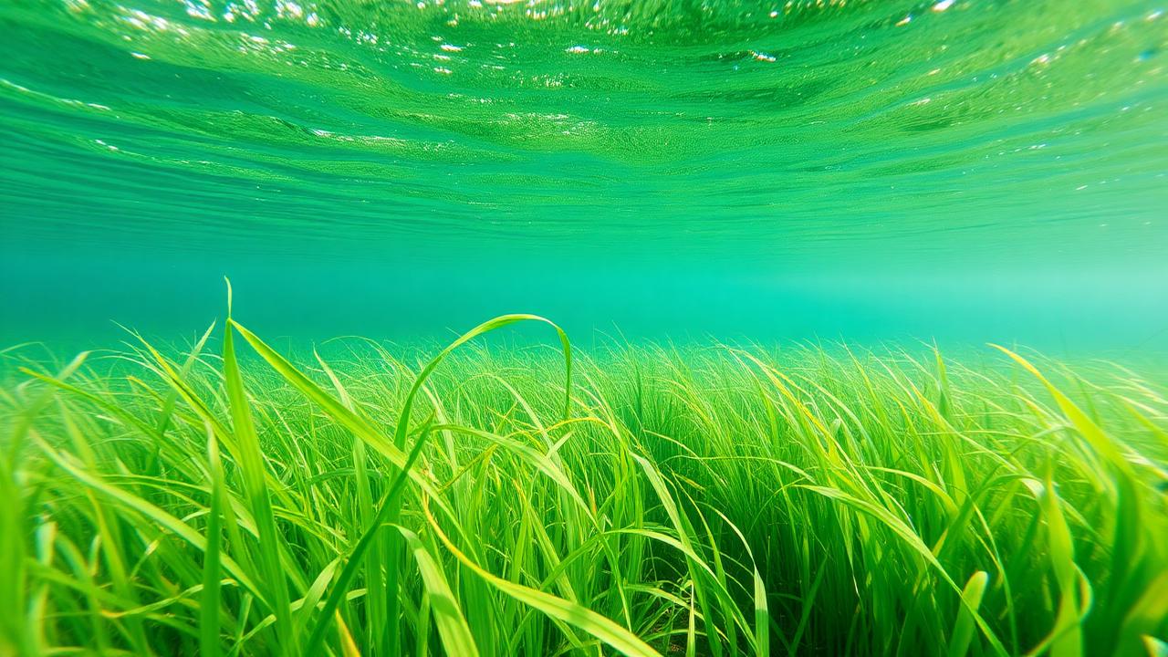 A shallow seagrass meadow swaying in green light.