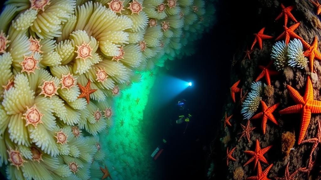 Pale anemones and red starfish crowding a rock face.