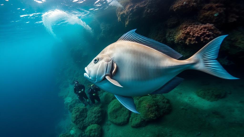 A large silver fish approaching the camera over a green reef.
