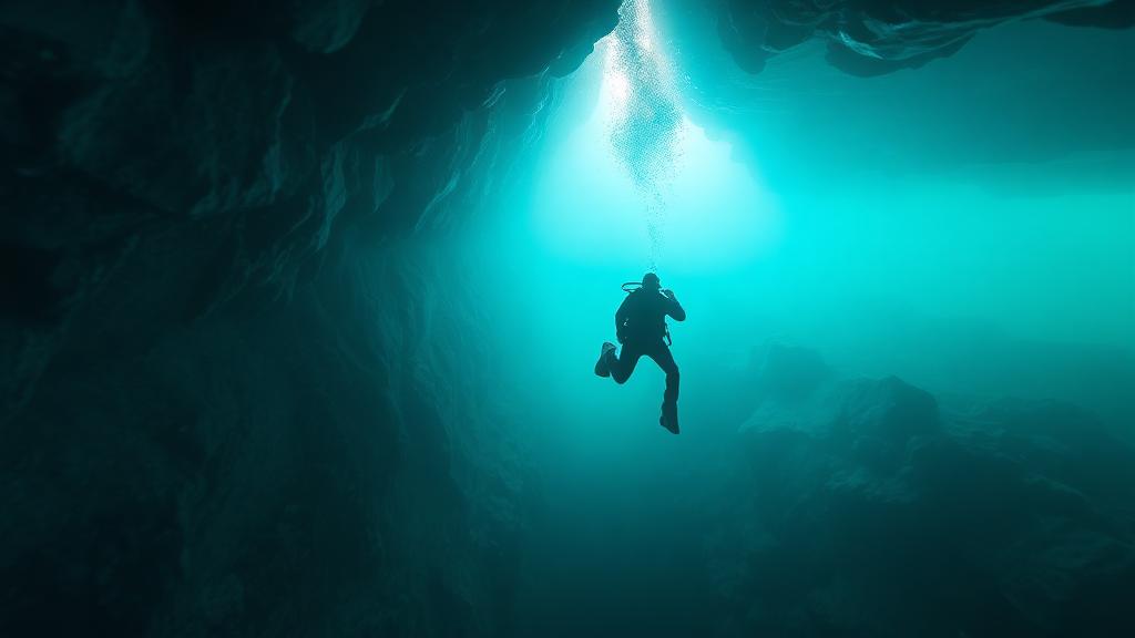A diver alone in a pale blue cave chamber.