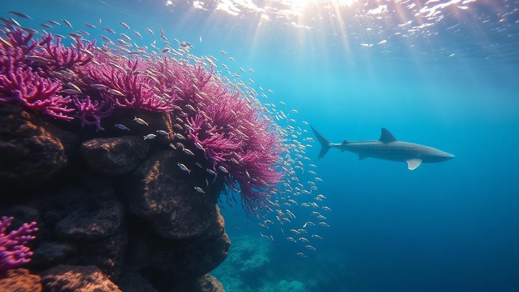 A reef shark gliding past a magenta coral outcrop in beams of light.