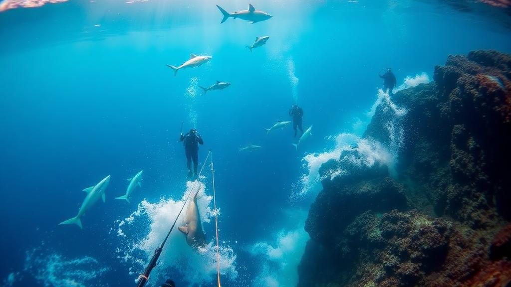 Divers on a line surrounded by dolphins and rising bubbles.
