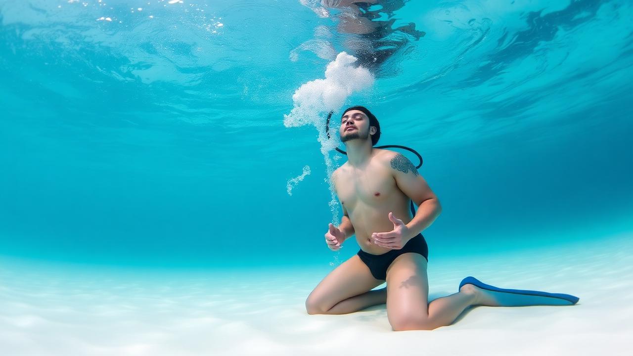 A diver kneeling on white sand, eyes closed, breathing slowly.