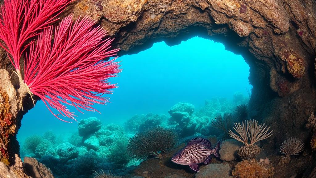 A reef arch framed by a crimson sea fan.