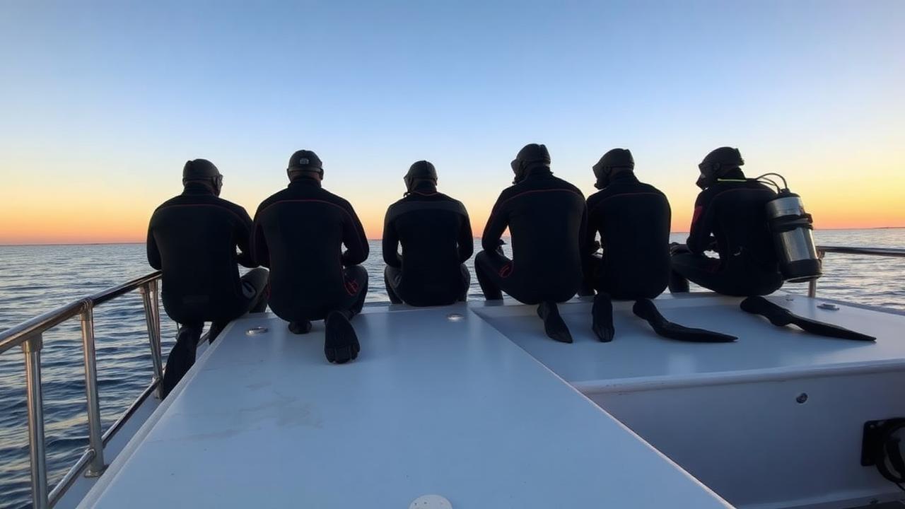 Divers sitting quietly on a boat deck at sunrise.