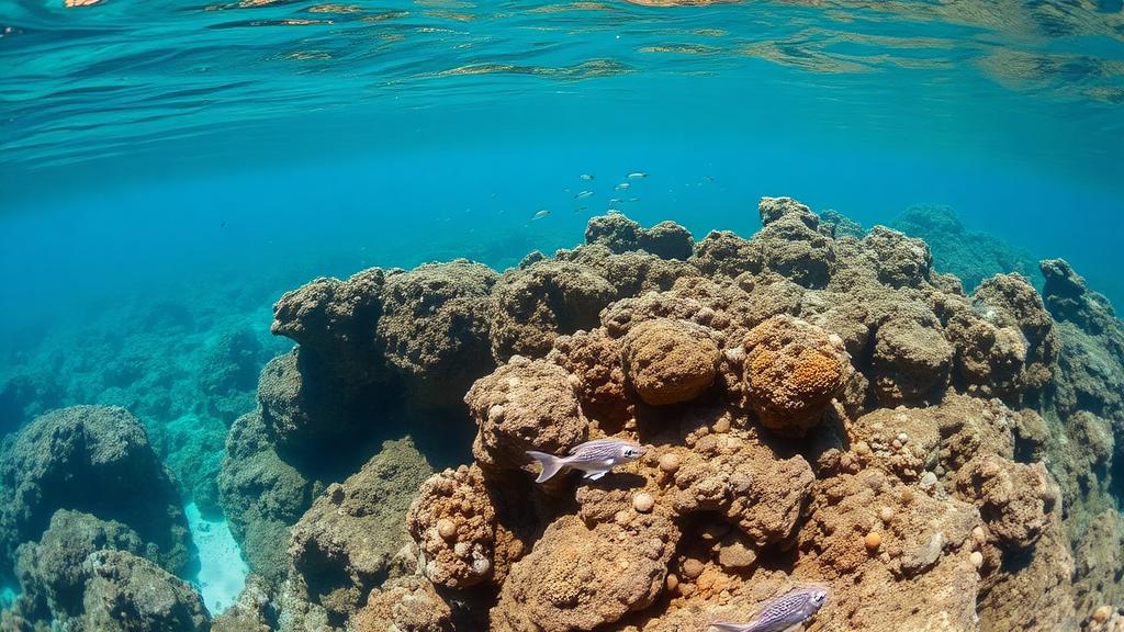 A gentle boulder reef in soft turquoise light.
