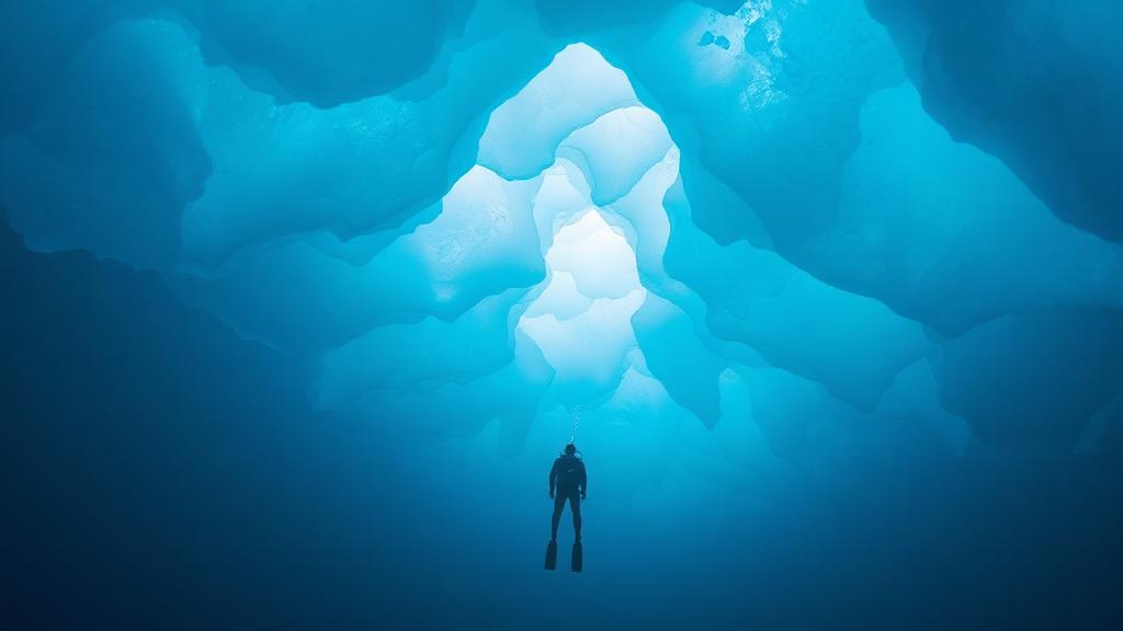 A diver beneath a blue ice cavern.