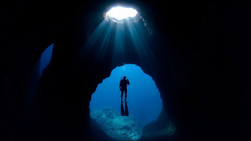 A diver silhouetted in the mouth of a dark arch.