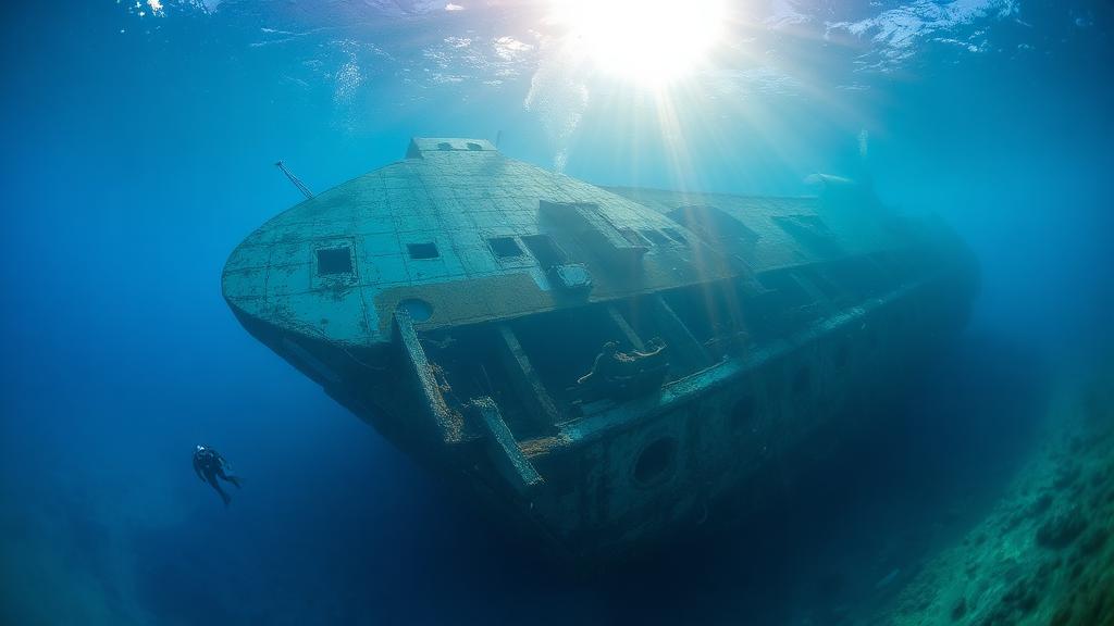 A large wreck lying upright with the sun above it.