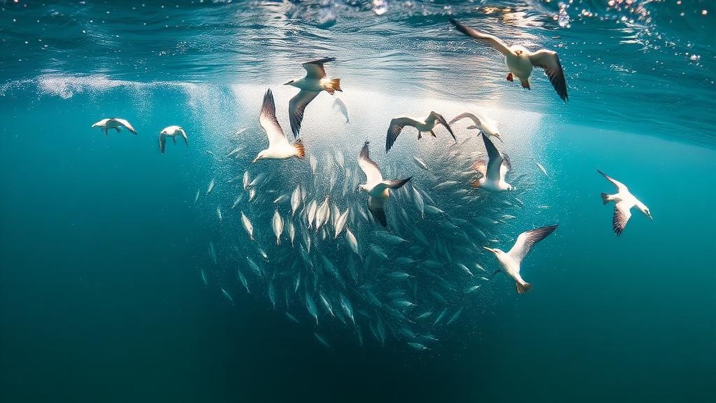 Seabirds diving into a baitball at the surface.