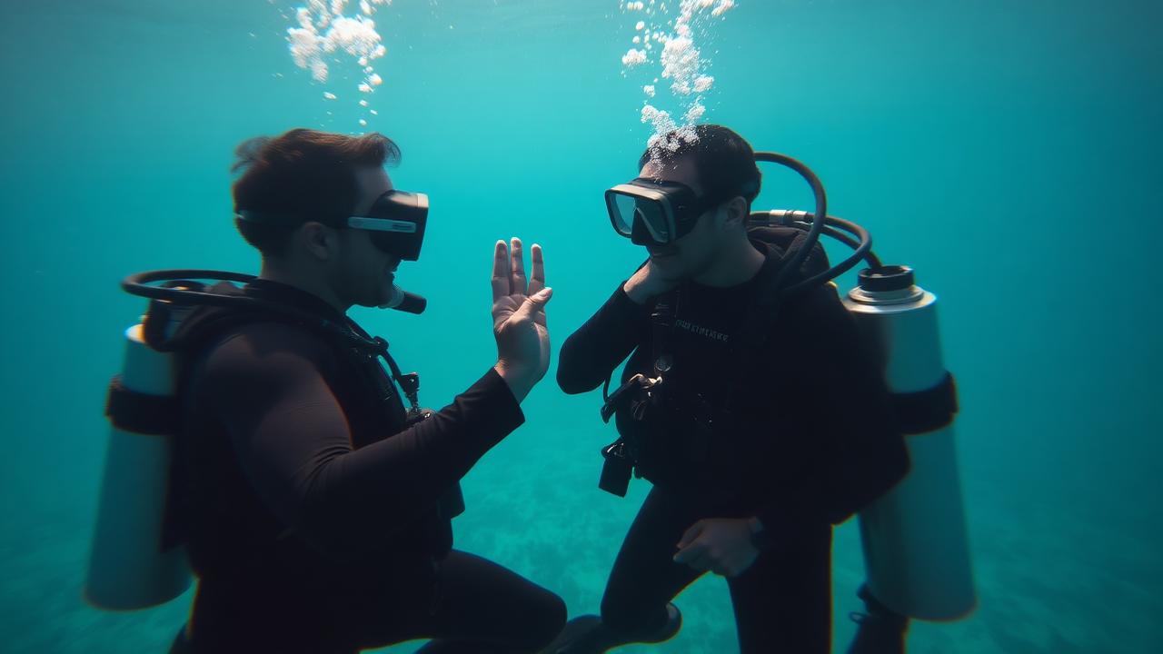 Two divers facing each other exchanging the OK signal.