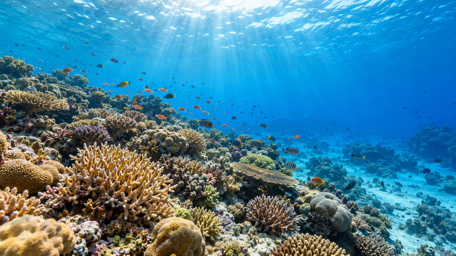Coral reef with small fish, natural coral formations, and sunlight filtering through clear blue water.