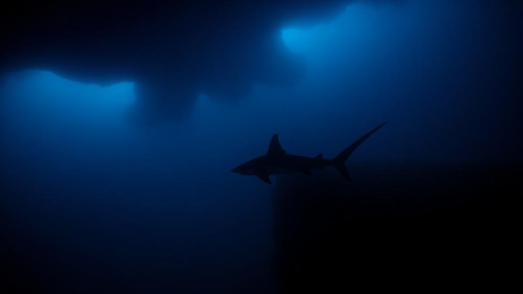 A shark passing far off in deep blue shadow.