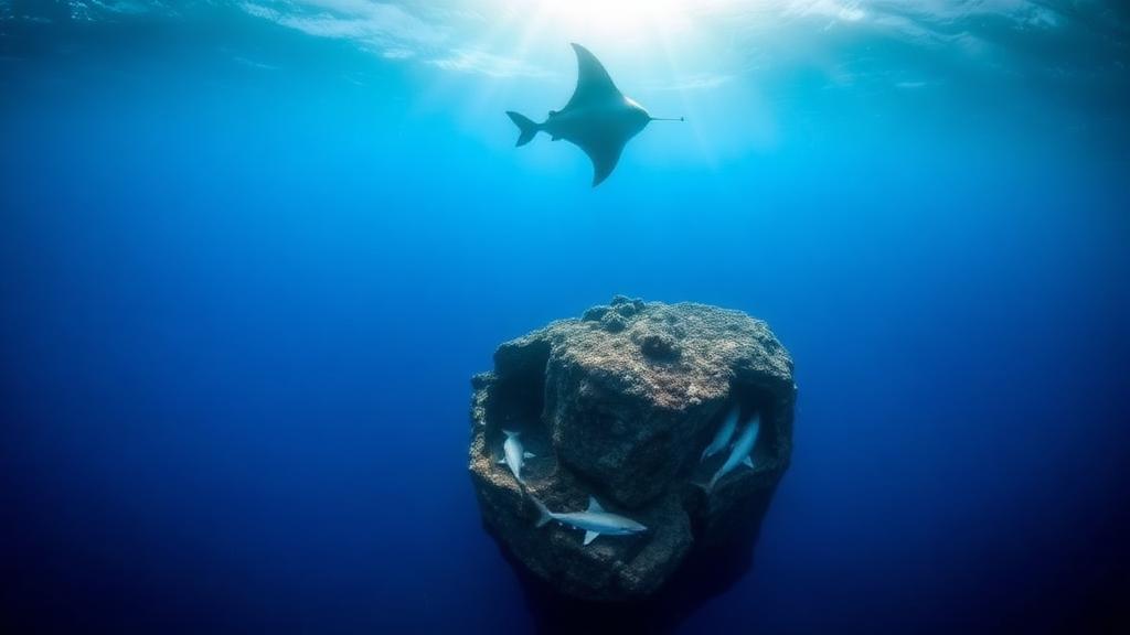 A lone boulder on a sand plain with sharks patrolling above.