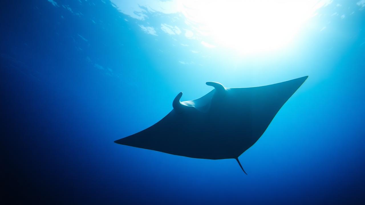 A manta ray passing overhead against the bright surface.