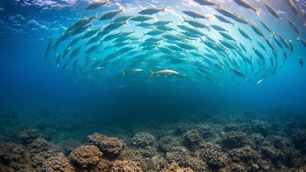 A wide silver school flowing over a shallow reef.