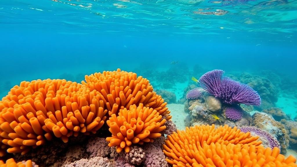 Orange and violet corals crowded together in clear water.