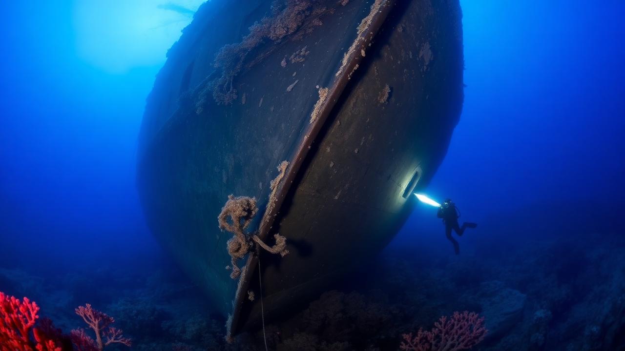 A torch-lit wreck bow covered in soft coral.