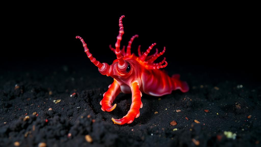 A small red octopus resting on dark volcanic sand.